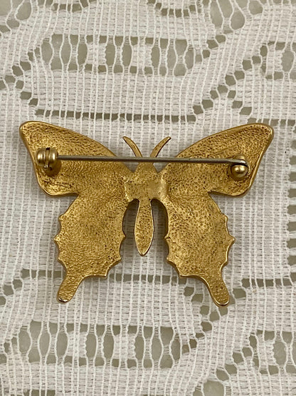 Gold-Tone Jewel Encrusted Butterfly Brooch with Lavender Rhinestones and Seed Pearls by Butler