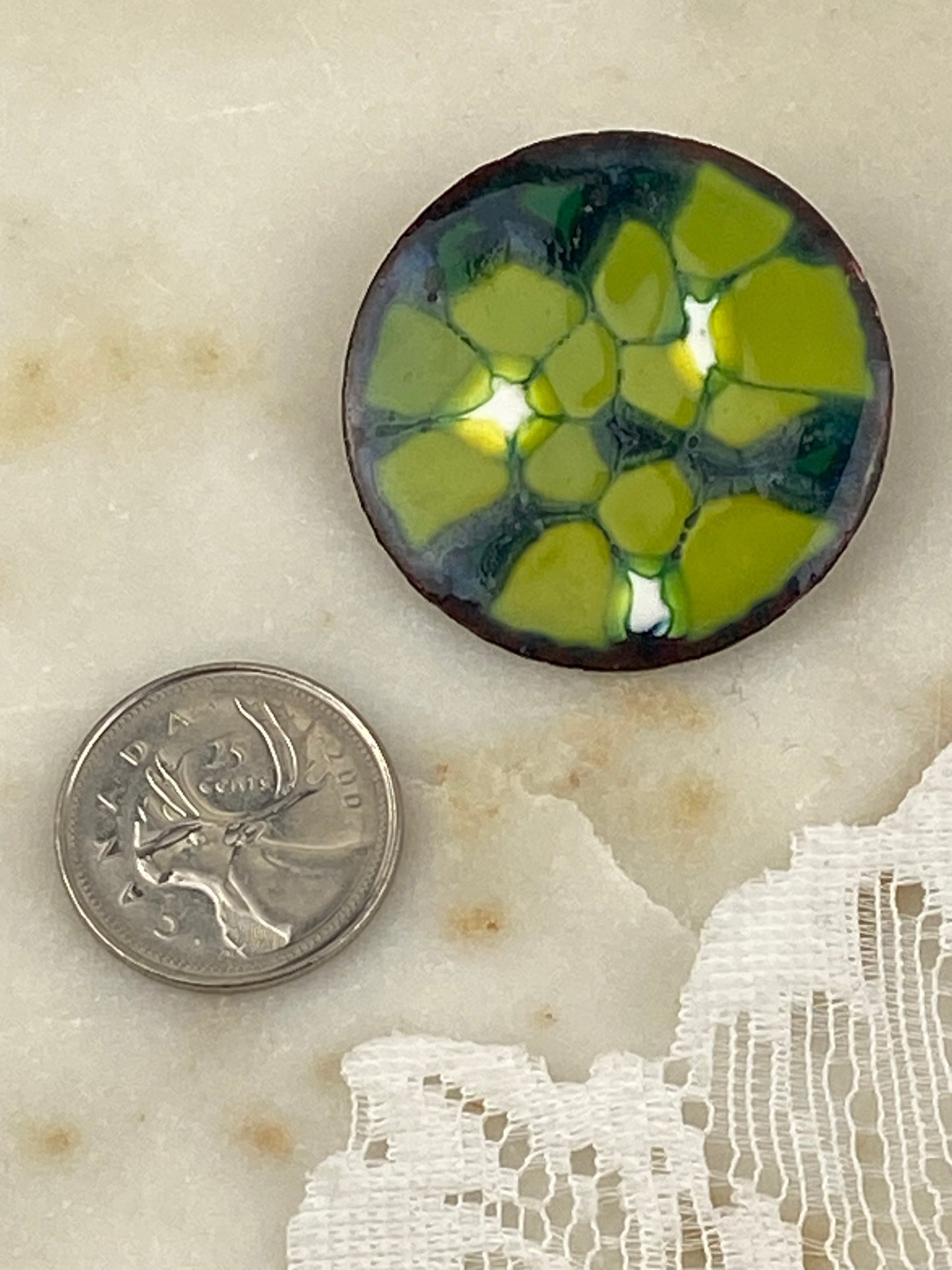 Hand Painted Copper Artisan Brooch with Green Enamel Floral Design