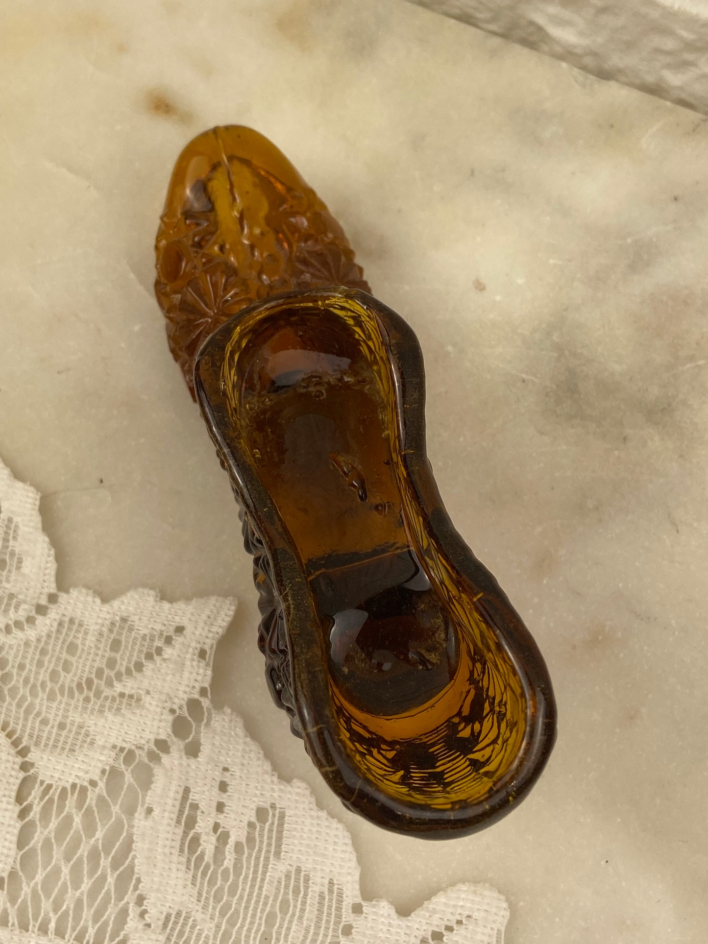 Dark Amber Glass Slipper with Button & Daisy Pattern | Match Strike Heel