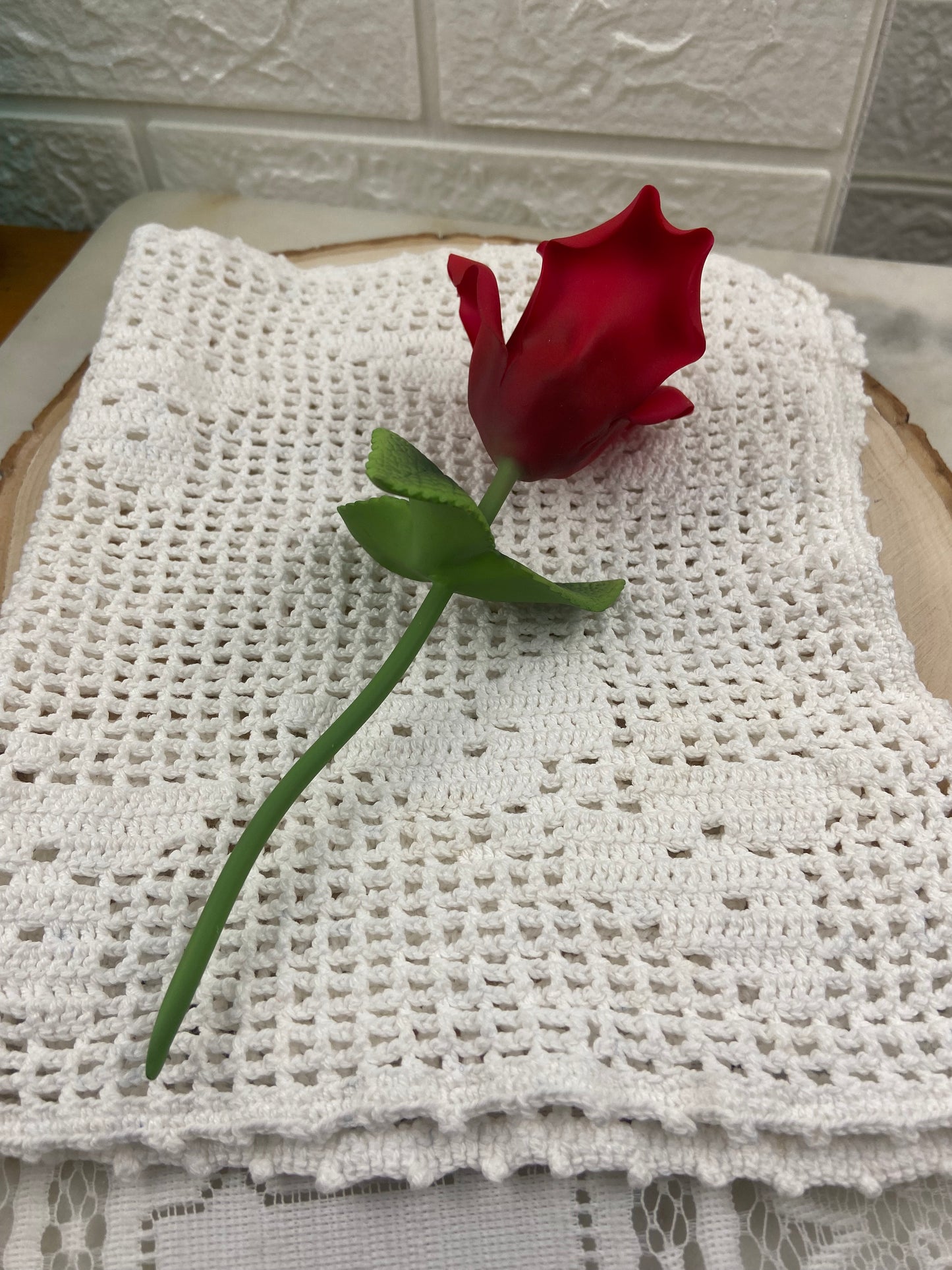 Red Bisque Porcelain Rose with Long Green Stem | Andrea by Sadak