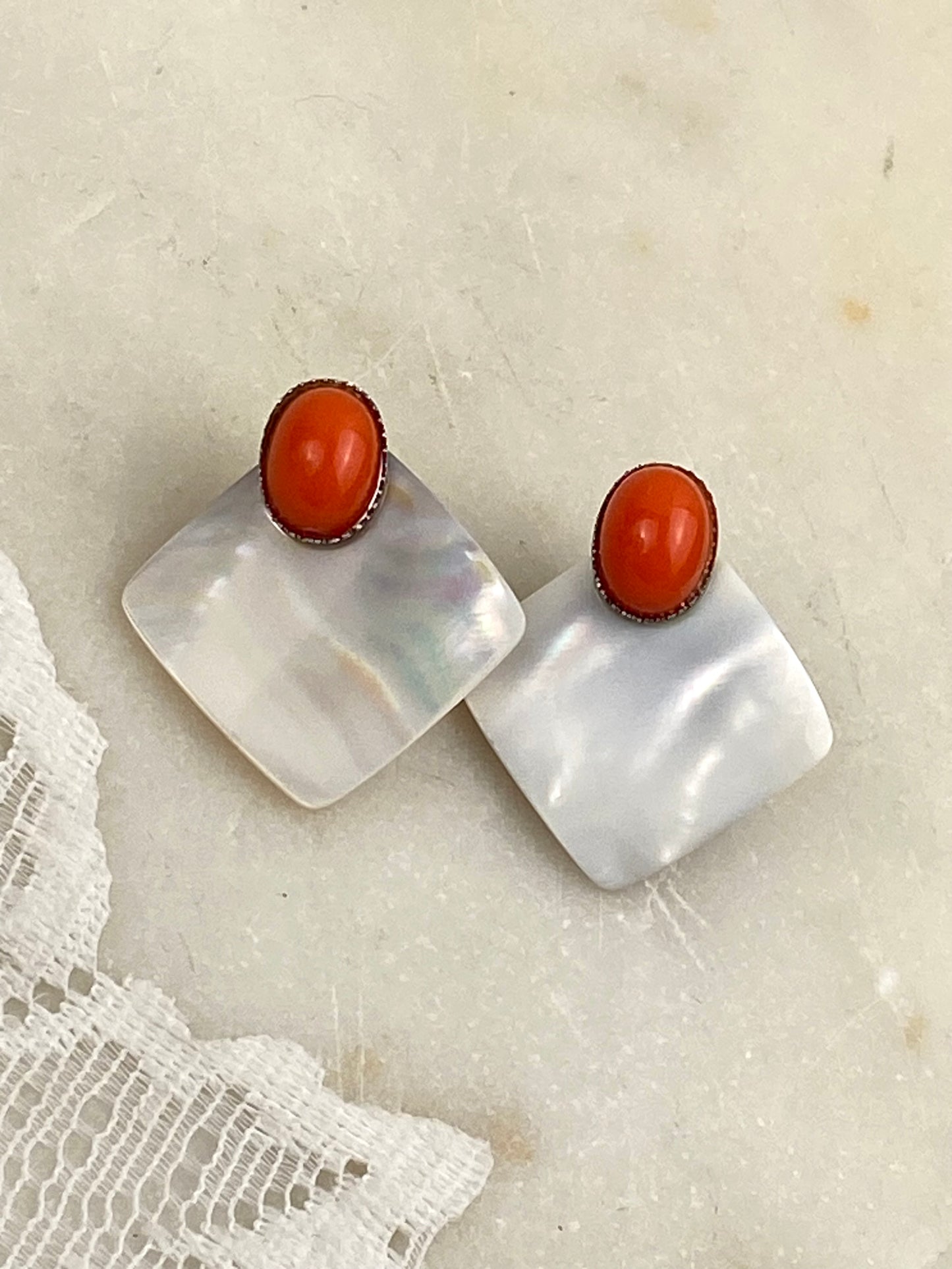 Square-Shaped Mother of Pearl and Coral or Faux Coral Cabochon Earrings [Posts]