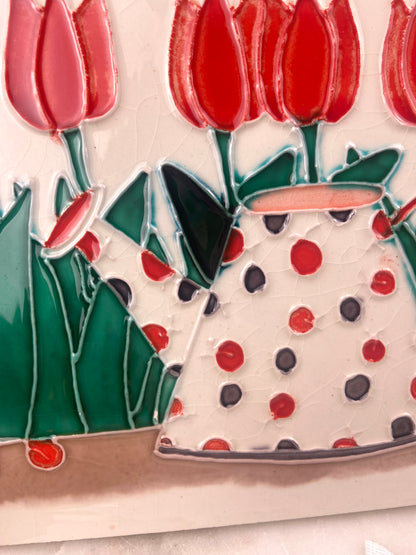 Glossy Ceramic Decorative Tile with Tulips and Teapots