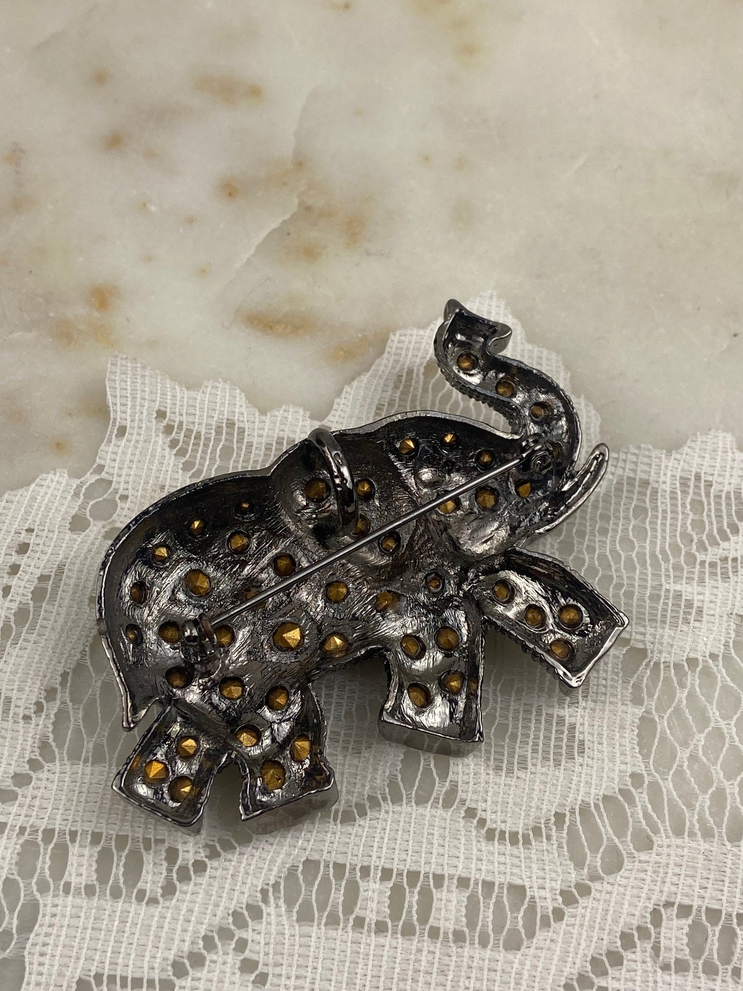 Black Metal Elephant Brooch / Pendant with Rinestones