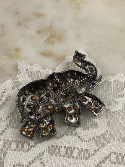 Black Metal Elephant Brooch / Pendant with Rinestones