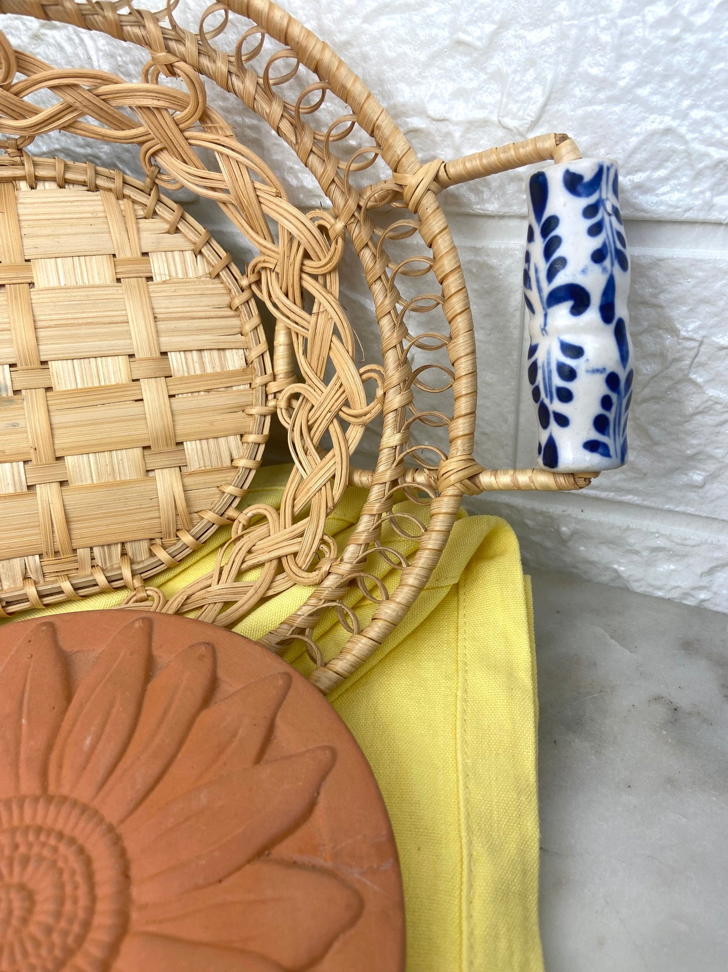 Hand Woven Bread Basket with Blue & White Porcelain Handles