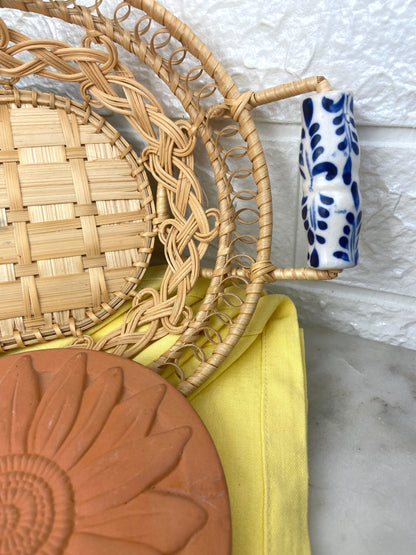 Hand Woven Bread Basket with Blue & White Porcelain Handles