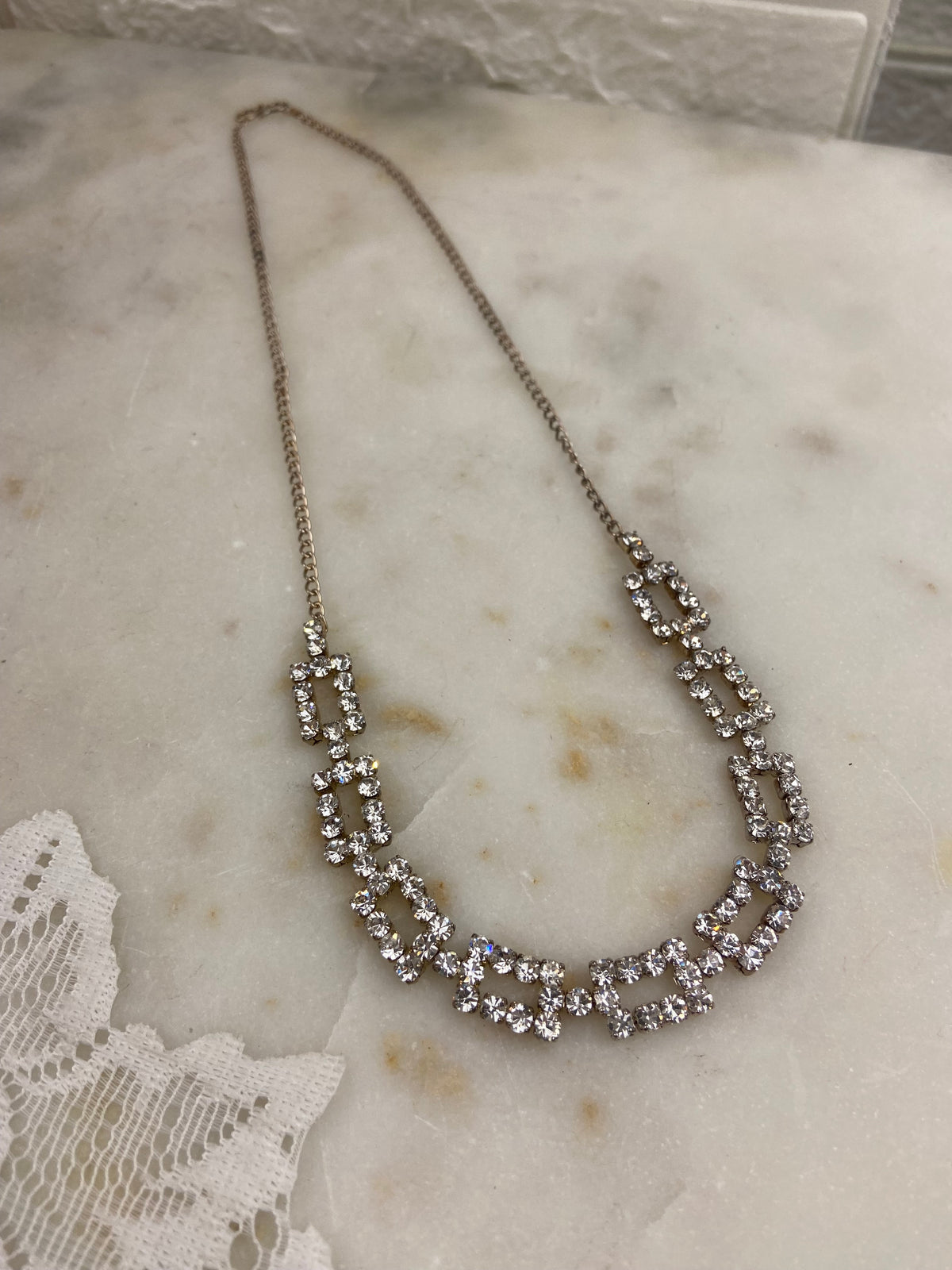Gold-Tone Geometric Rhinestone Necklace with Linked Rectangles | 18”