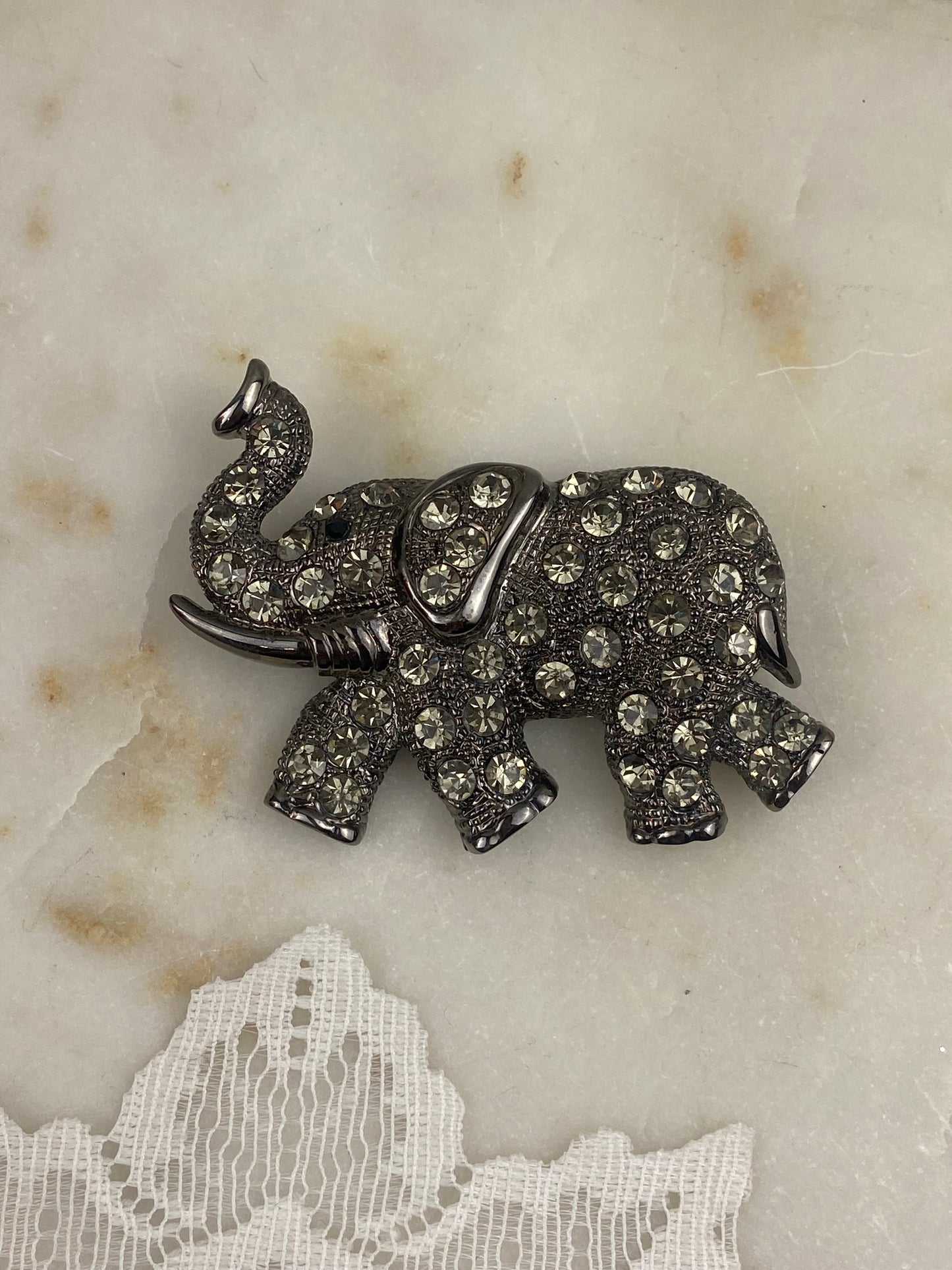 Black Metal Elephant Brooch / Pendant with Rinestones