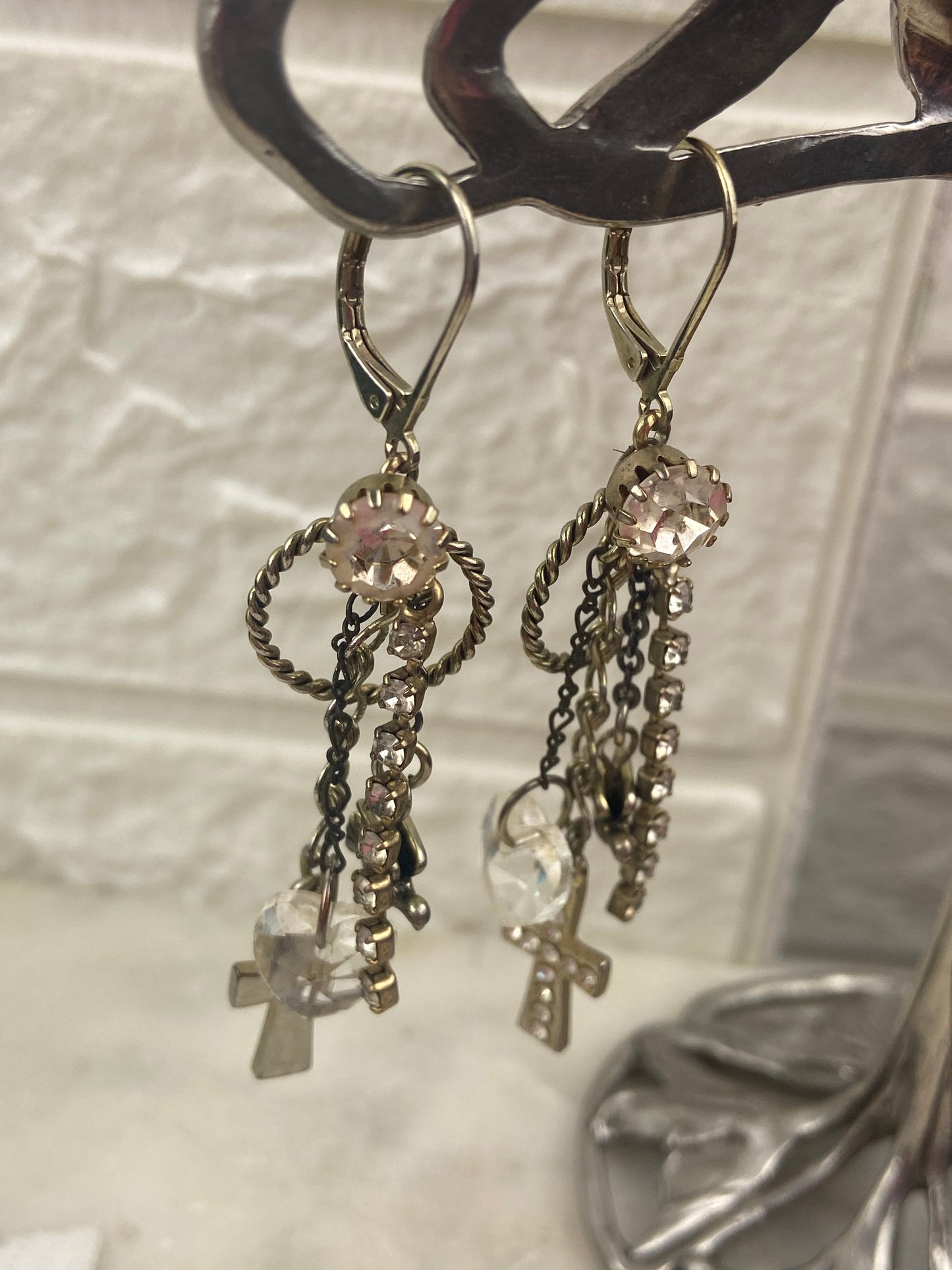 Betsey Johnson Cross and Charm Chain Dangle Earrings [Lever Backs]