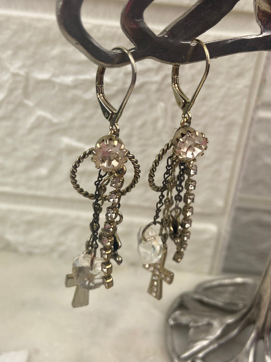 Betsey Johnson Cross and Charm Chain Dangle Earrings [Lever Backs]