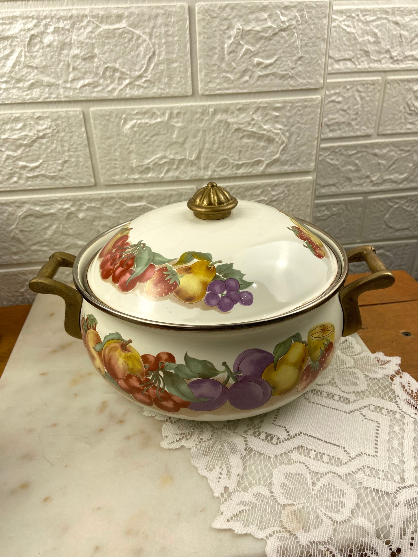 Vintage Lincoware Enamel Dutch Oven with Brass Handles