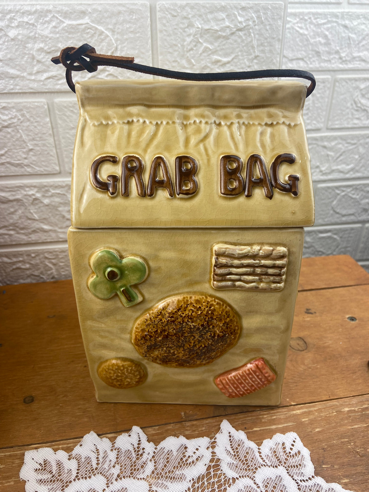 Ceramic Grab Bag Cookie Jar with Leather Strap