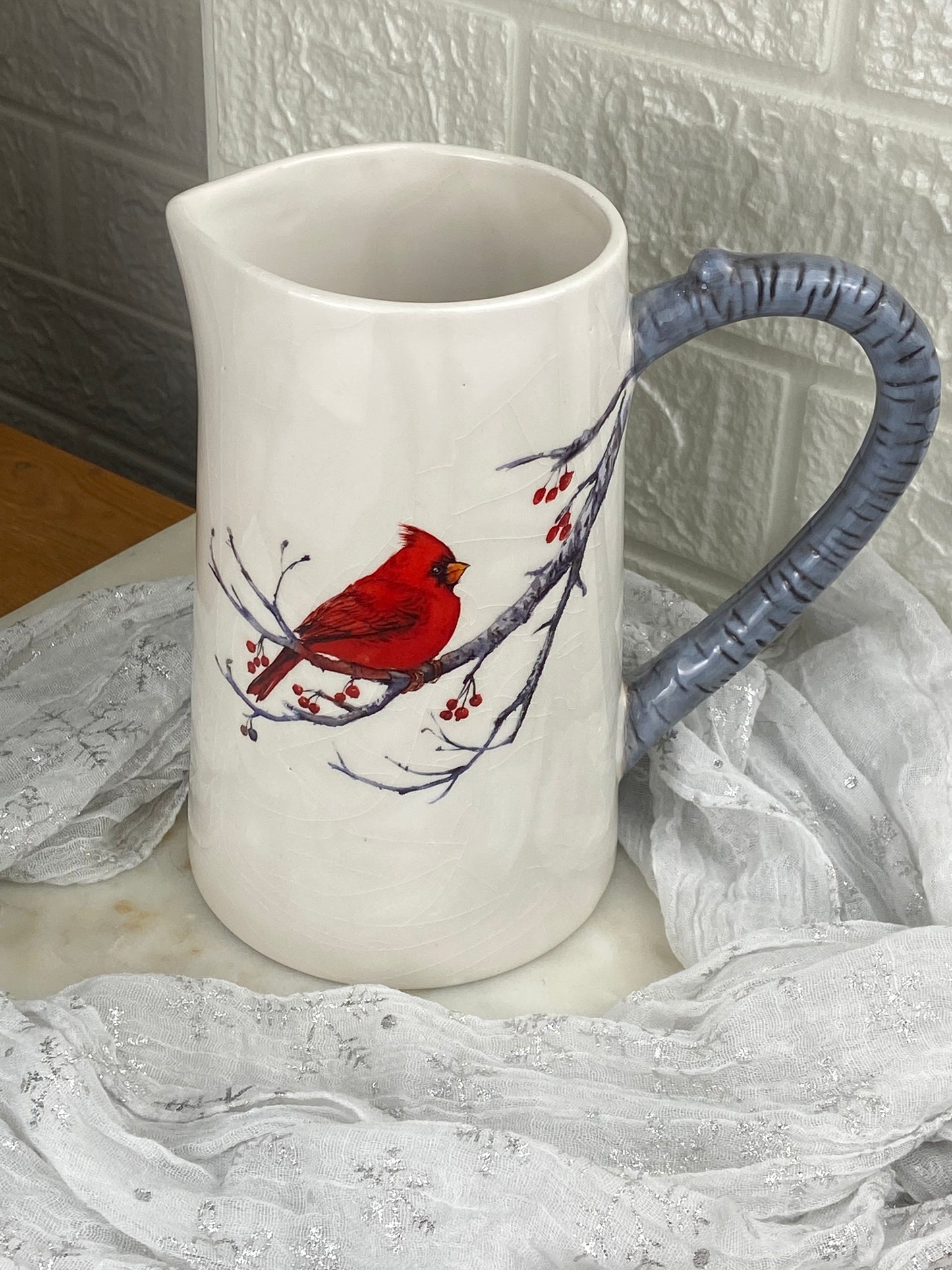 Red Cardinal Ceramic Christmas Pitcher