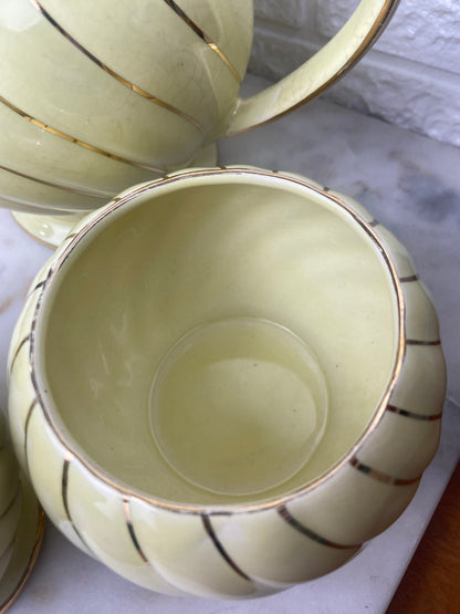 Sadler Yellow Rippled Teapot with Open Sugar Bowl and Creamer Set
