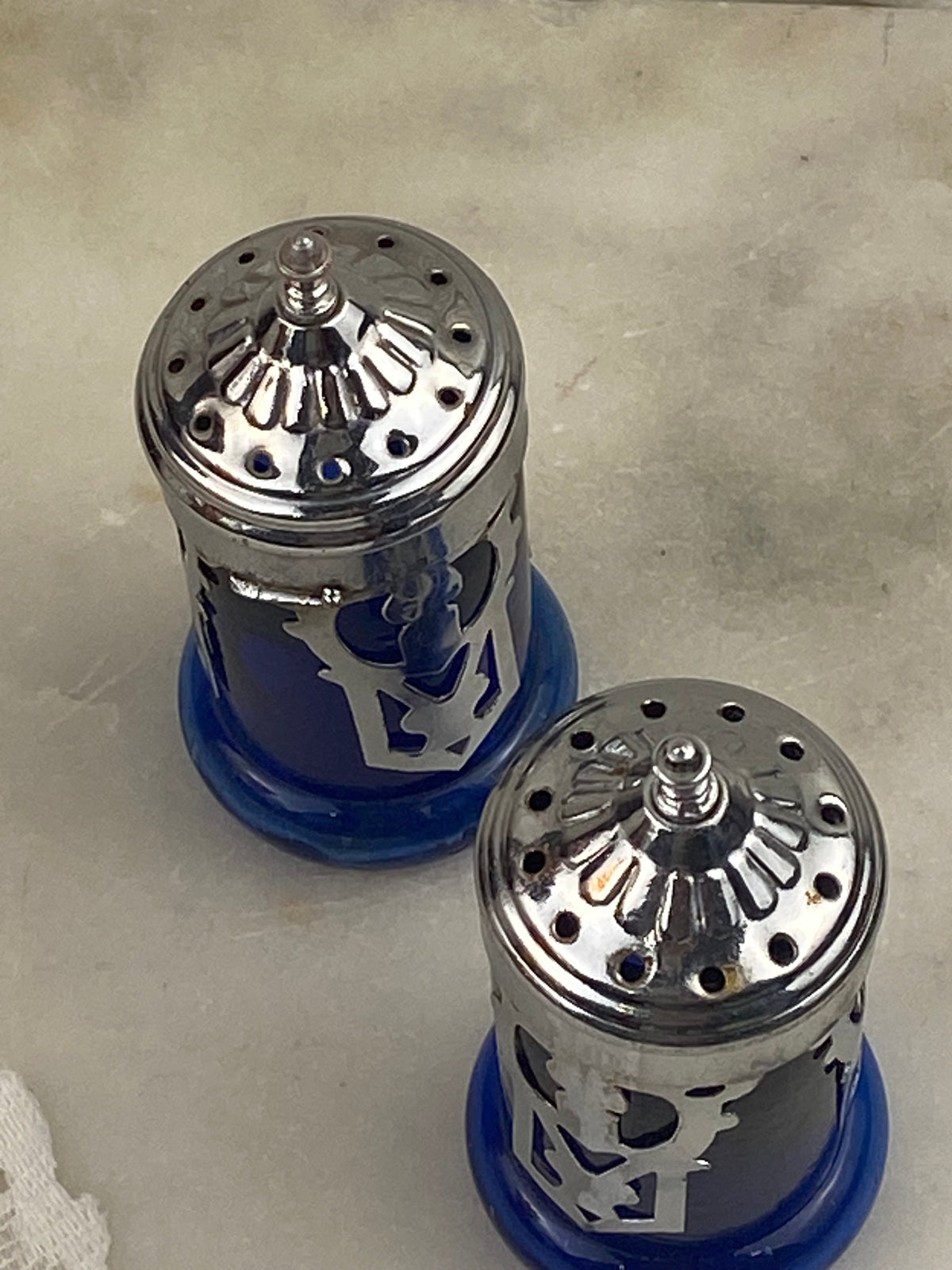 Cobalt Blue Glass Salt & Pepper Shakers with Silver-Tone Screw-Top Metal Lids with Filagree Design