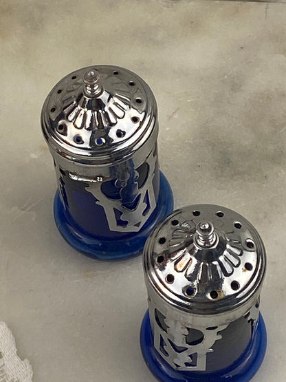 Cobalt Blue Glass Salt & Pepper Shakers with Silver-Tone Screw-Top Metal Lids with Filagree Design