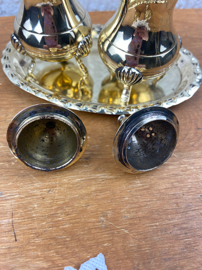Polished Brass Salt & Pepper Shakers with Oval Tray