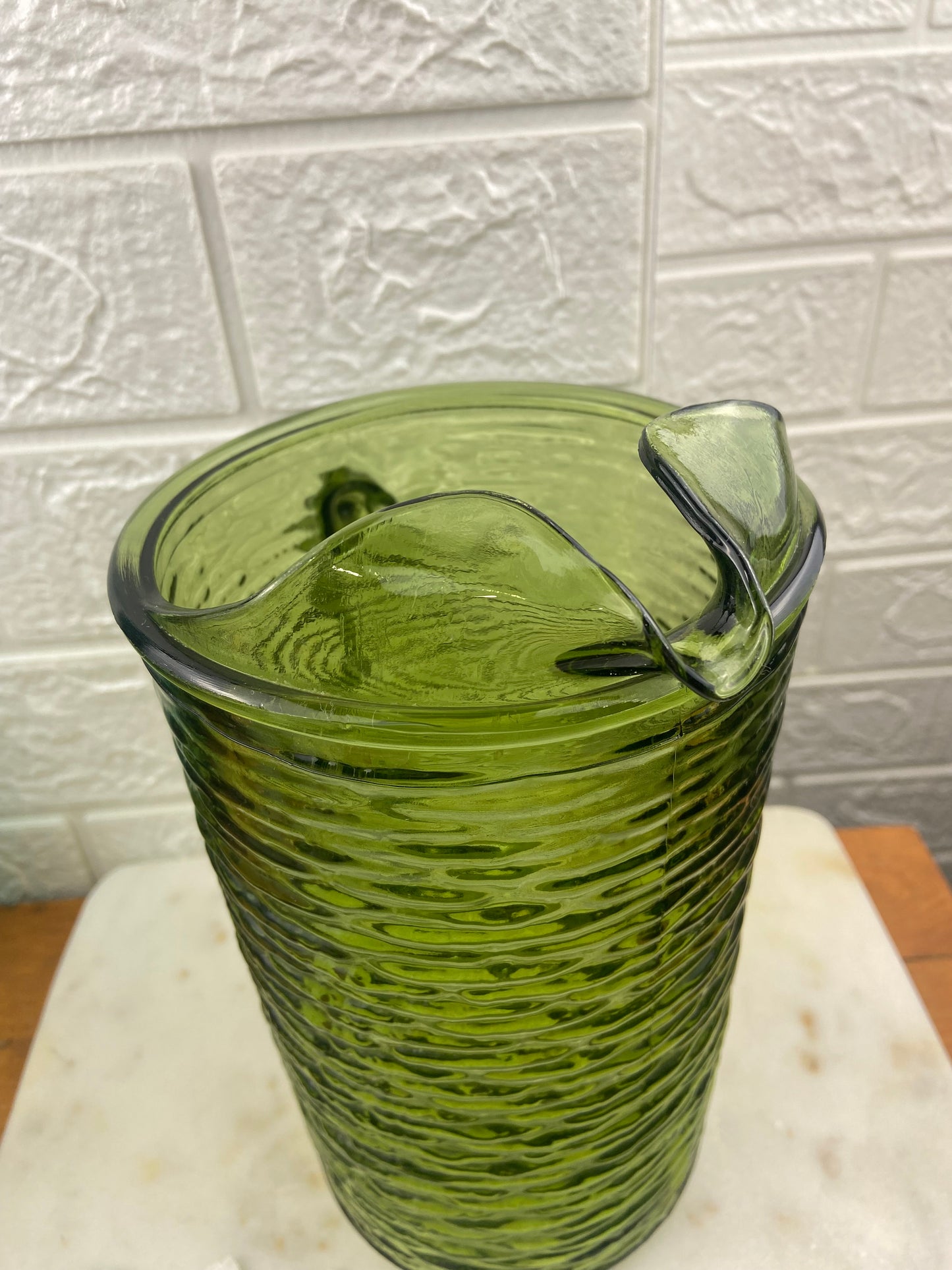 Avocado Green Textured Glass ‘Soreno’ Pitcher by Anchor Hocking | MCM