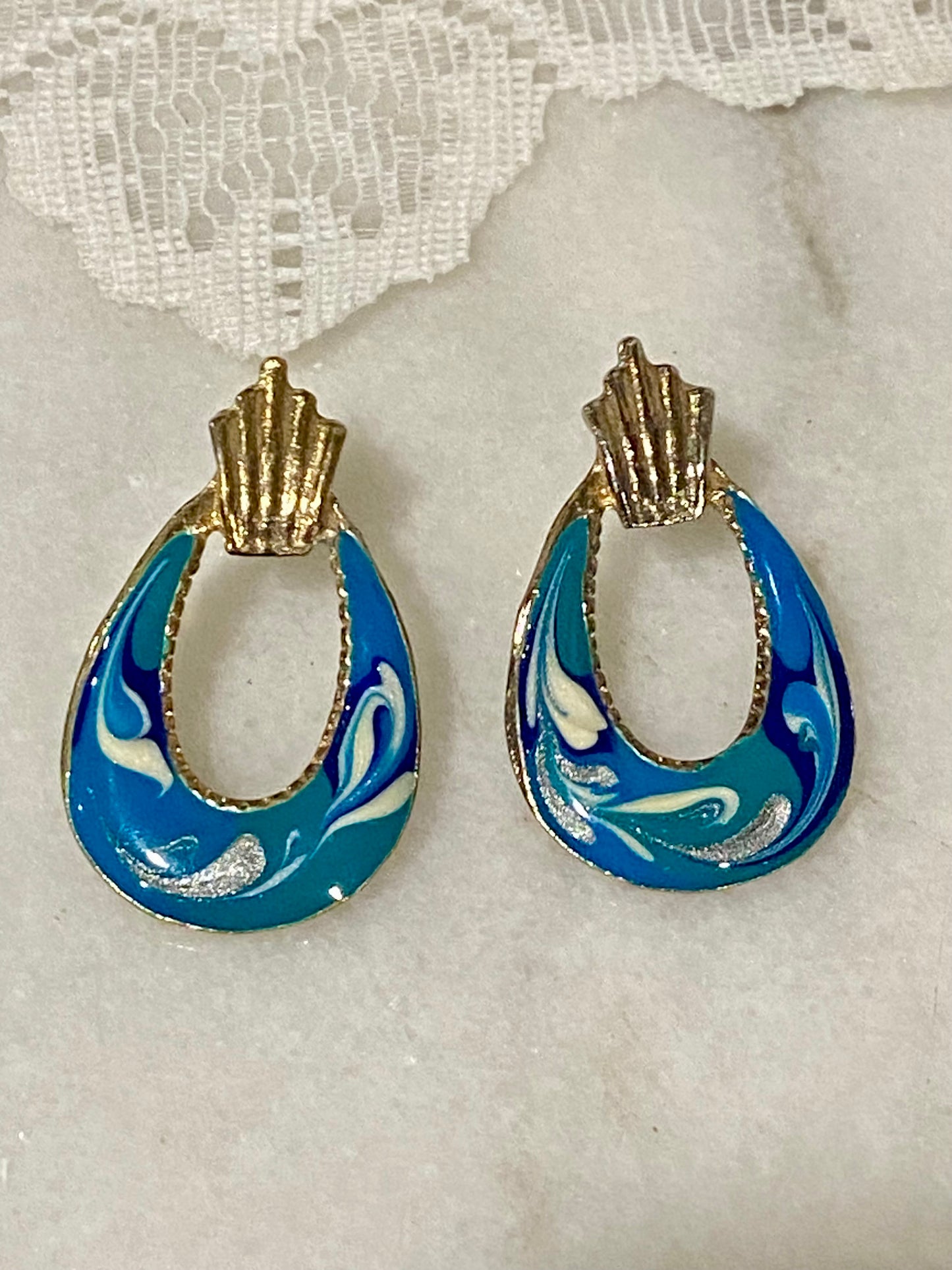 Blue and White Enamel Swirl Hoop Earrings [Posts]