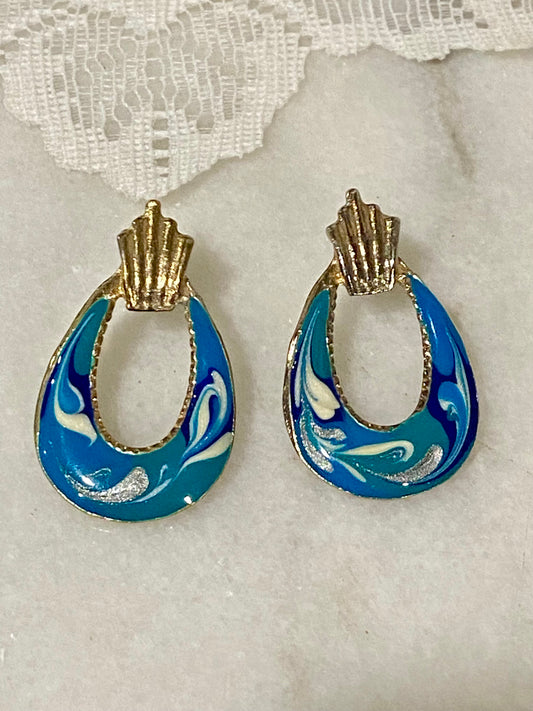 Blue and White Enamel Swirl Hoop Earrings [Posts]