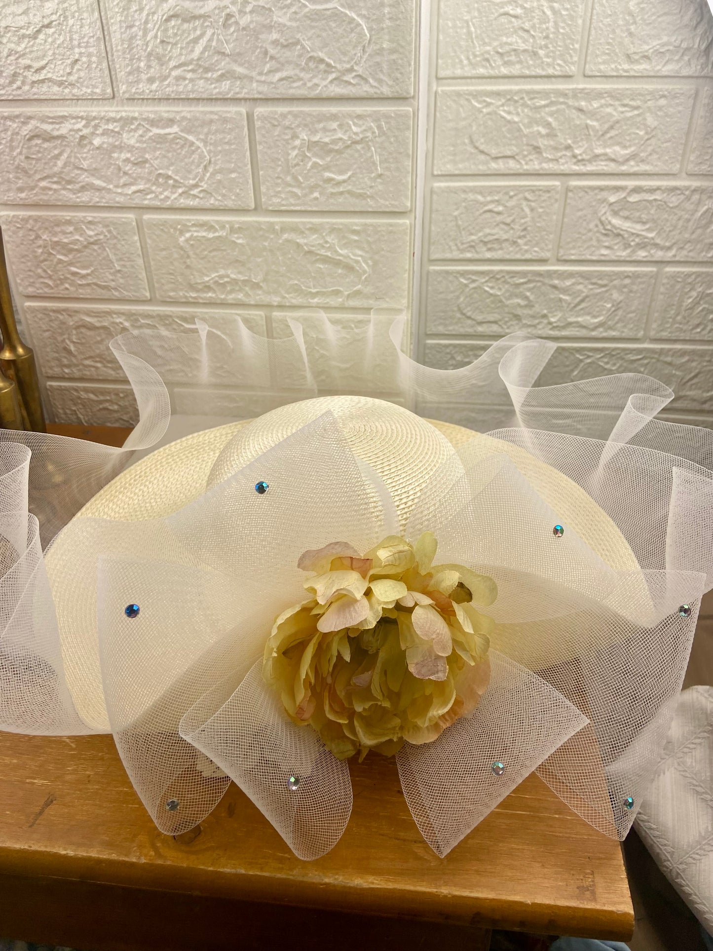 Gauzy Cream and Floral Sinamay Derby Hat with Rhinestones [One Size] by KaKyCo