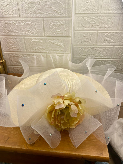 Gauzy Cream and Floral Sinamay Derby Hat with Rhinestones [One Size] by KaKyCo
