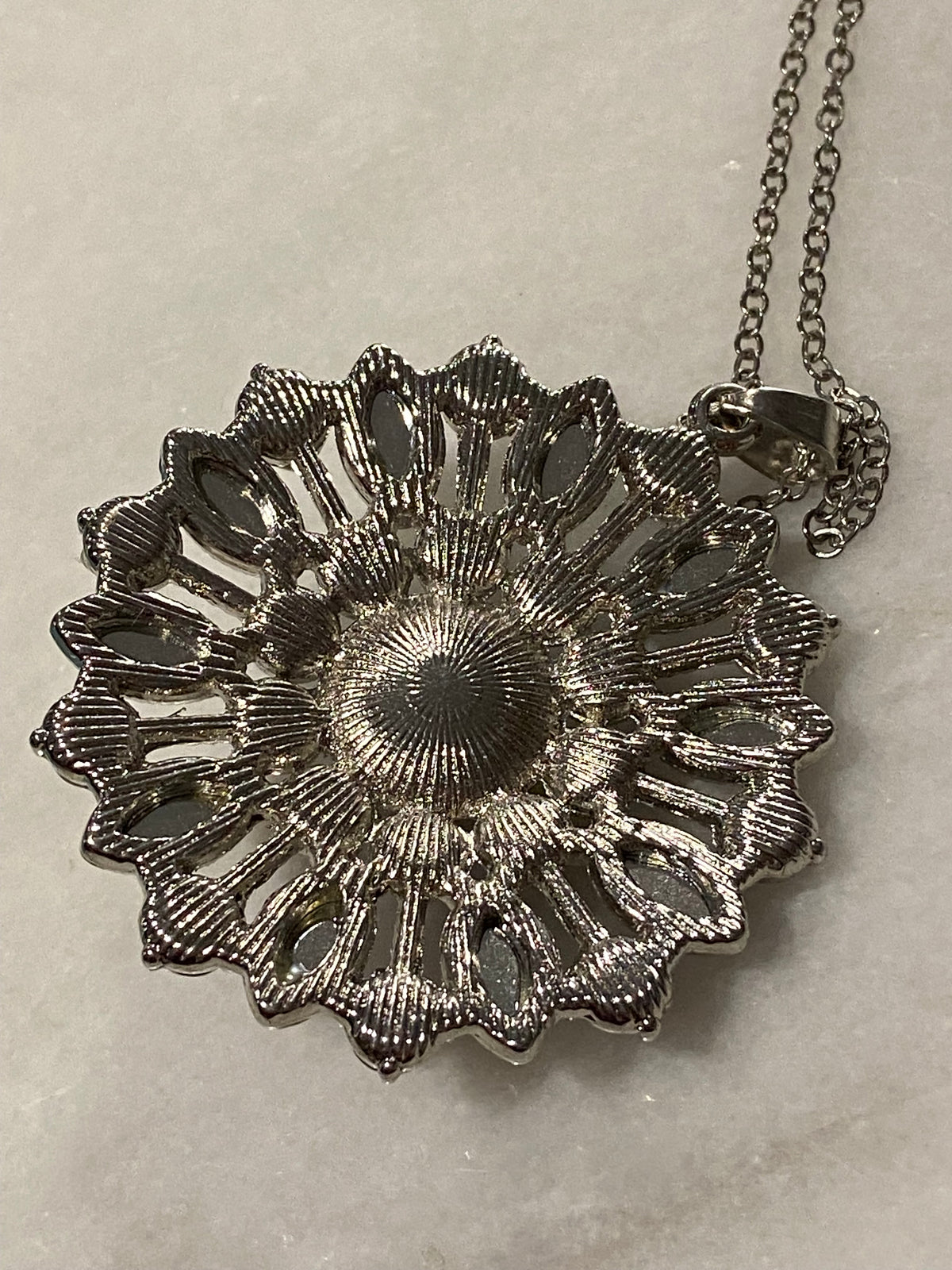 Silver-Tone Starburst Pendant with Rhinestones and Faux Pearl Cabochon and 18” Necklace
