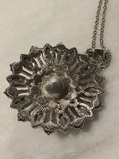 Silver-Tone Starburst Pendant with Rhinestones and Faux Pearl Cabochon and 18” Necklace