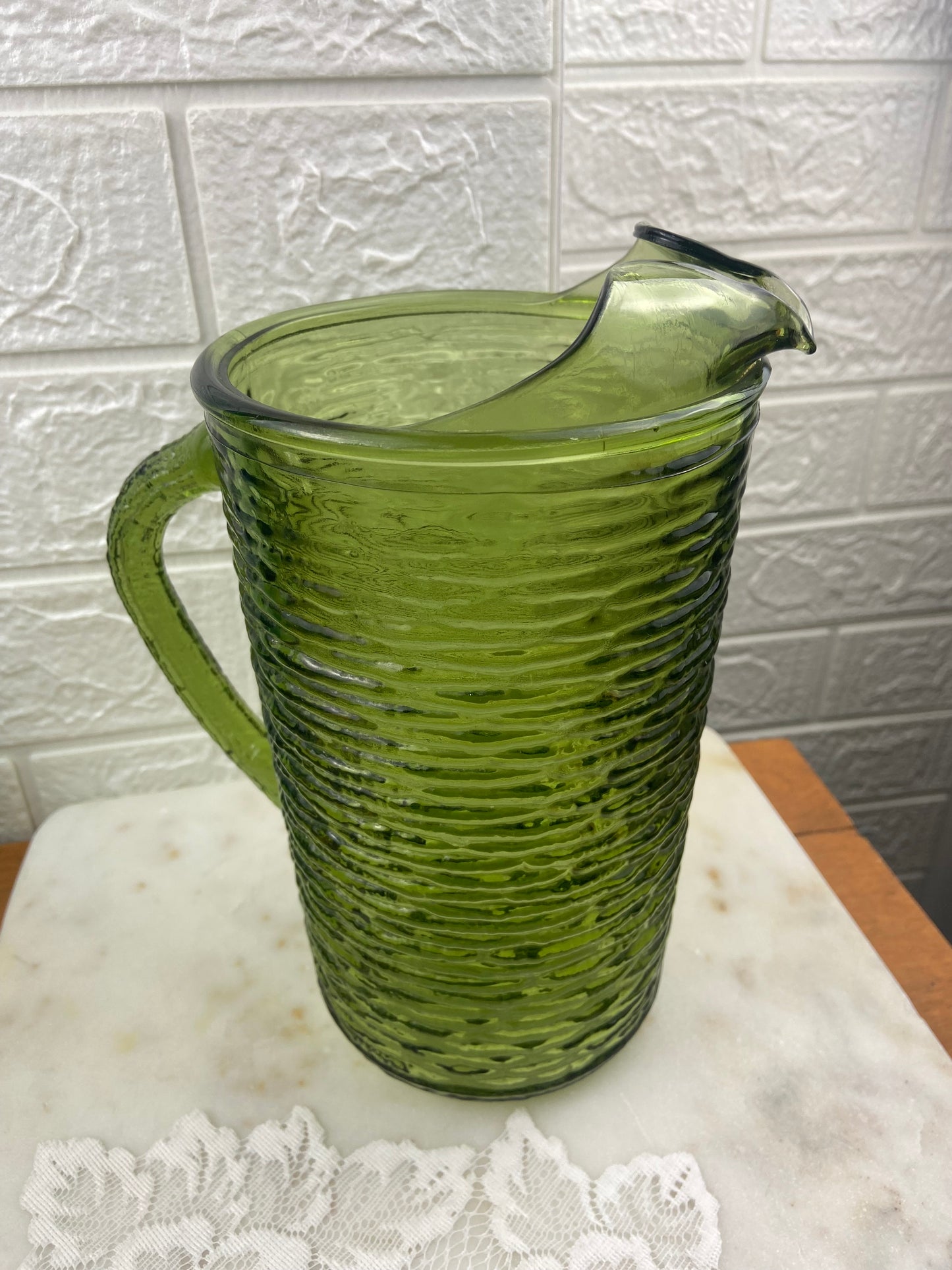 Avocado Green Textured Glass ‘Soreno’ Pitcher by Anchor Hocking | MCM
