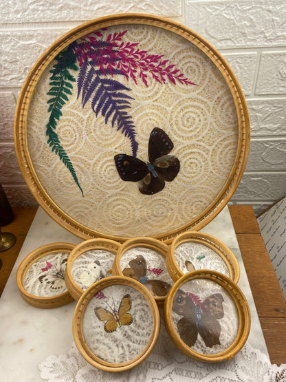 Round Bamboo Drink Tray with Set of 6 x Matching Casters | Butterfly Wings