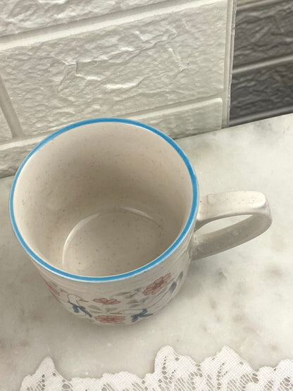 Small Speckled Stoneware Coffee Mug with Blue Ribbons and Geese Pattern