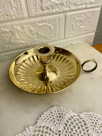 Polished Brass Candlestick Holder with Ring Handle