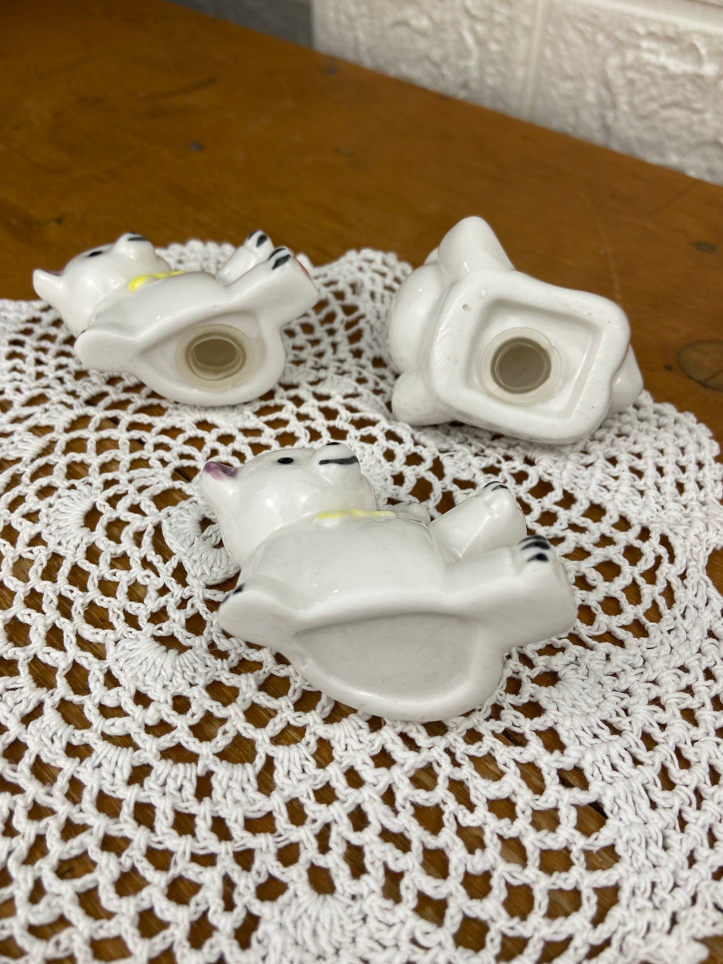 Set of Hand Painted Ceramic Teddy Bears | Salt & Pepper Shakers with Toothpick Holder