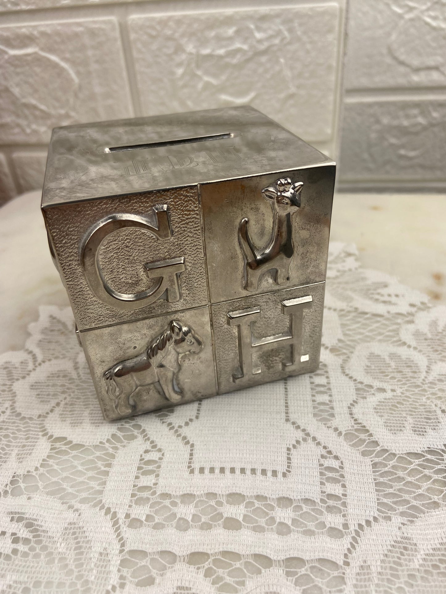 3” Silver-Plated Coin Bank | Alphabet Cube with Animals