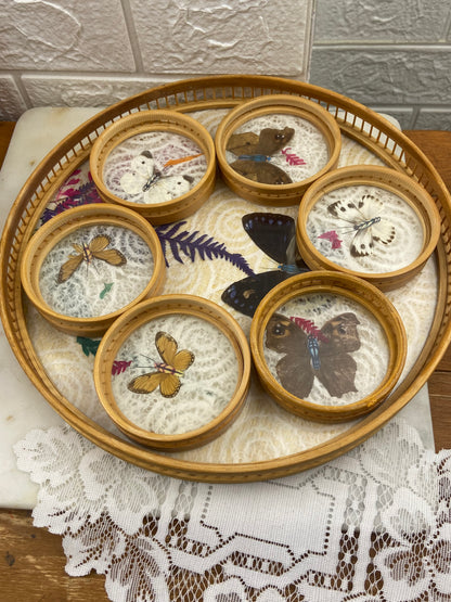 Round Bamboo Drink Tray with Set of 6 x Matching Casters | Butterfly Wings
