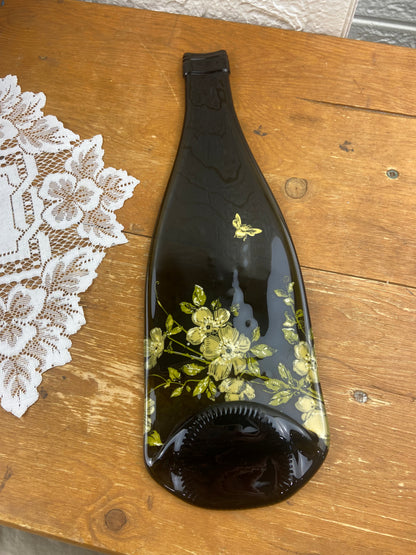 Slumped or Melted Wine Bottle Spoon Rest with Lemony-Green Flower and Bee Pattern