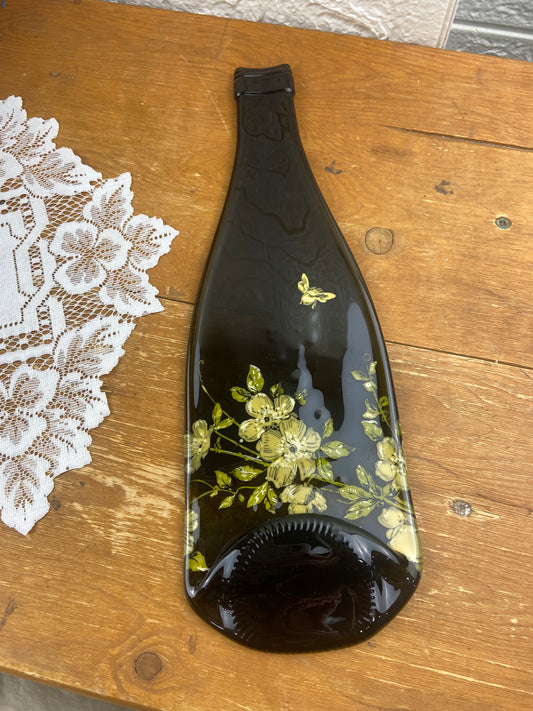 Slumped or Melted Wine Bottle Spoon Rest with Lemony-Green Flower and Bee Pattern