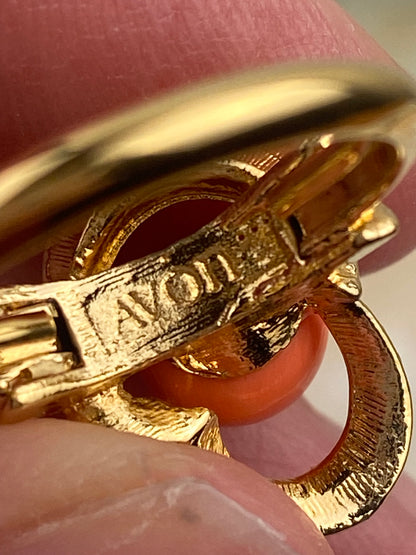 Vintage Avon | Gold-Tone Metal Ring with Faux Coral Stone [Flexible Size 5 - 6.5]