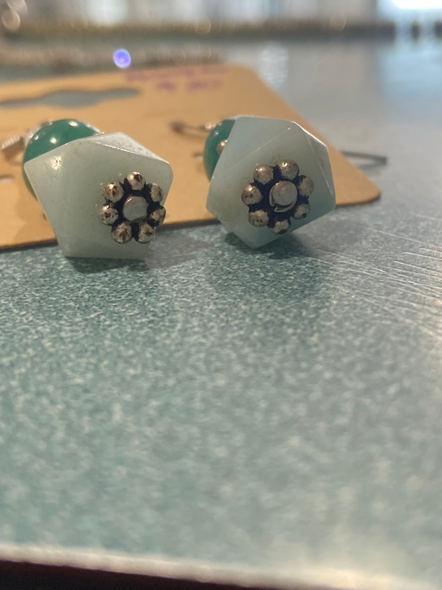 Green and White Stones Dangle Earrings with Flower Detail [Hooks]