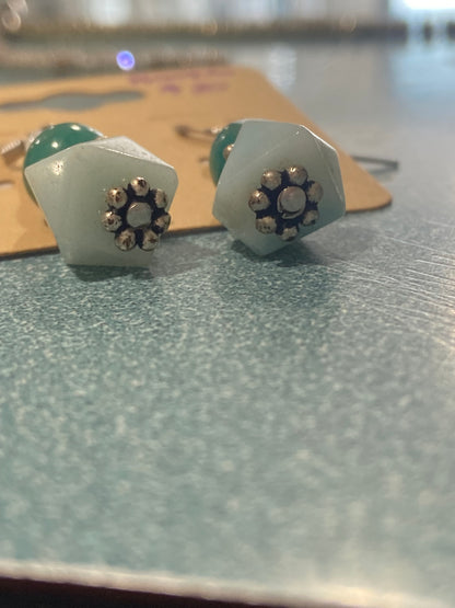 Green and White Stones Dangle Earrings with Flower Detail [Hooks]