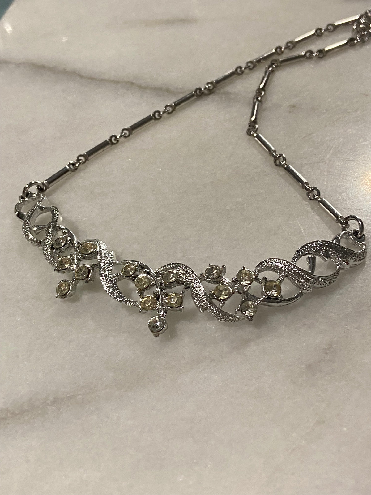 Silver-Tone Art Deco Collar Necklace with Rhinestones | 16”