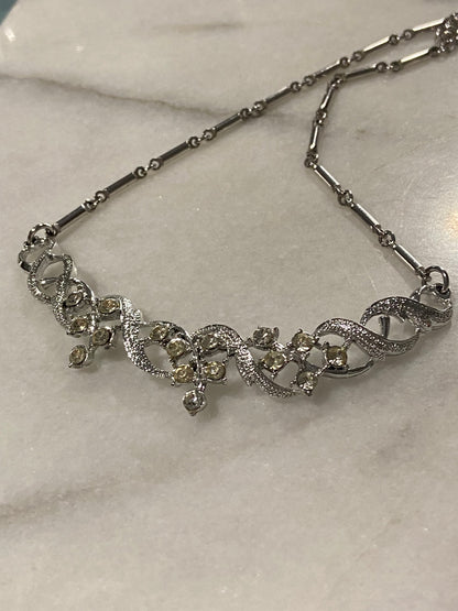 Silver-Tone Art Deco Collar Necklace with Rhinestones | 16”