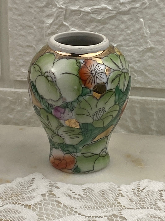 Chinese Green & Gold Floral Mini Bud Vase