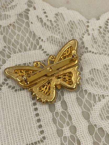 Pink, Cream and Blue Enamel Butterfly Brooch with Brushed Gold-Tone Filagree