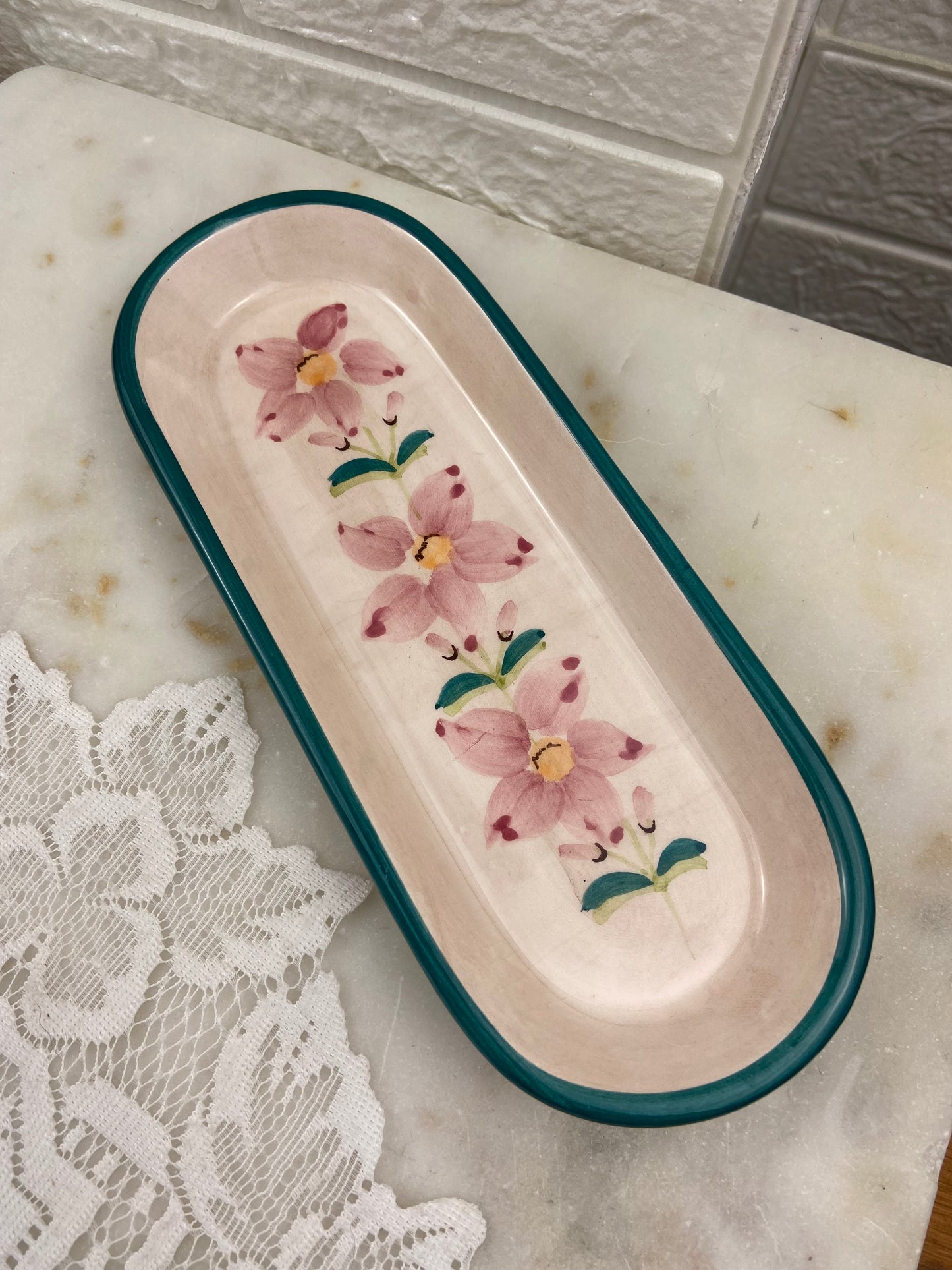 8.25” Oval Trinket Dish by Partylite with Green and Pink Floral Design