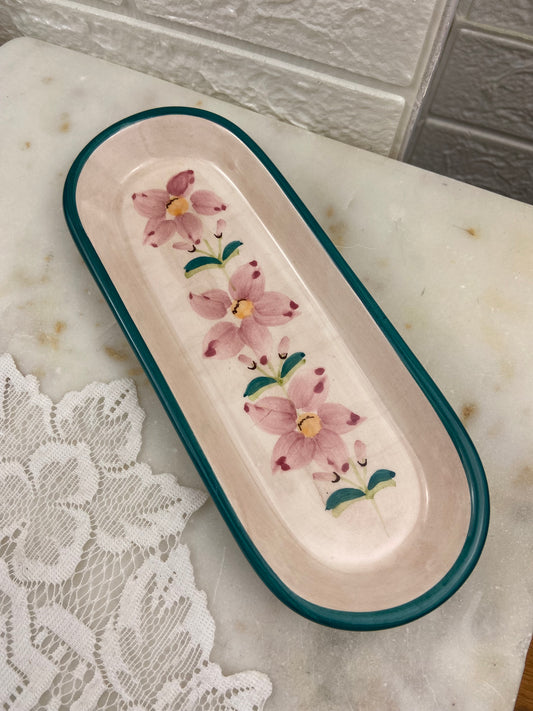 8.25” Oval Trinket Dish by Partylite with Green and Pink Floral Design