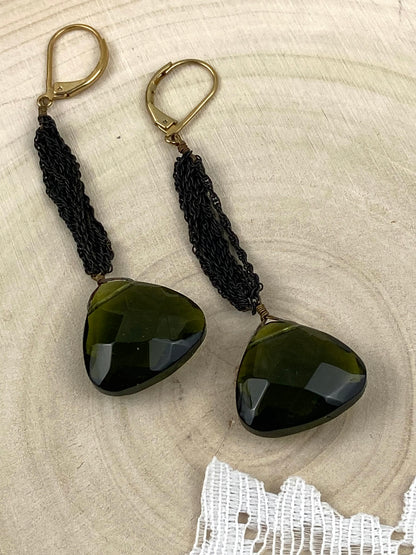 Long Dangle Earrings with Faceted Green Glass & Micro Chains [Lever]