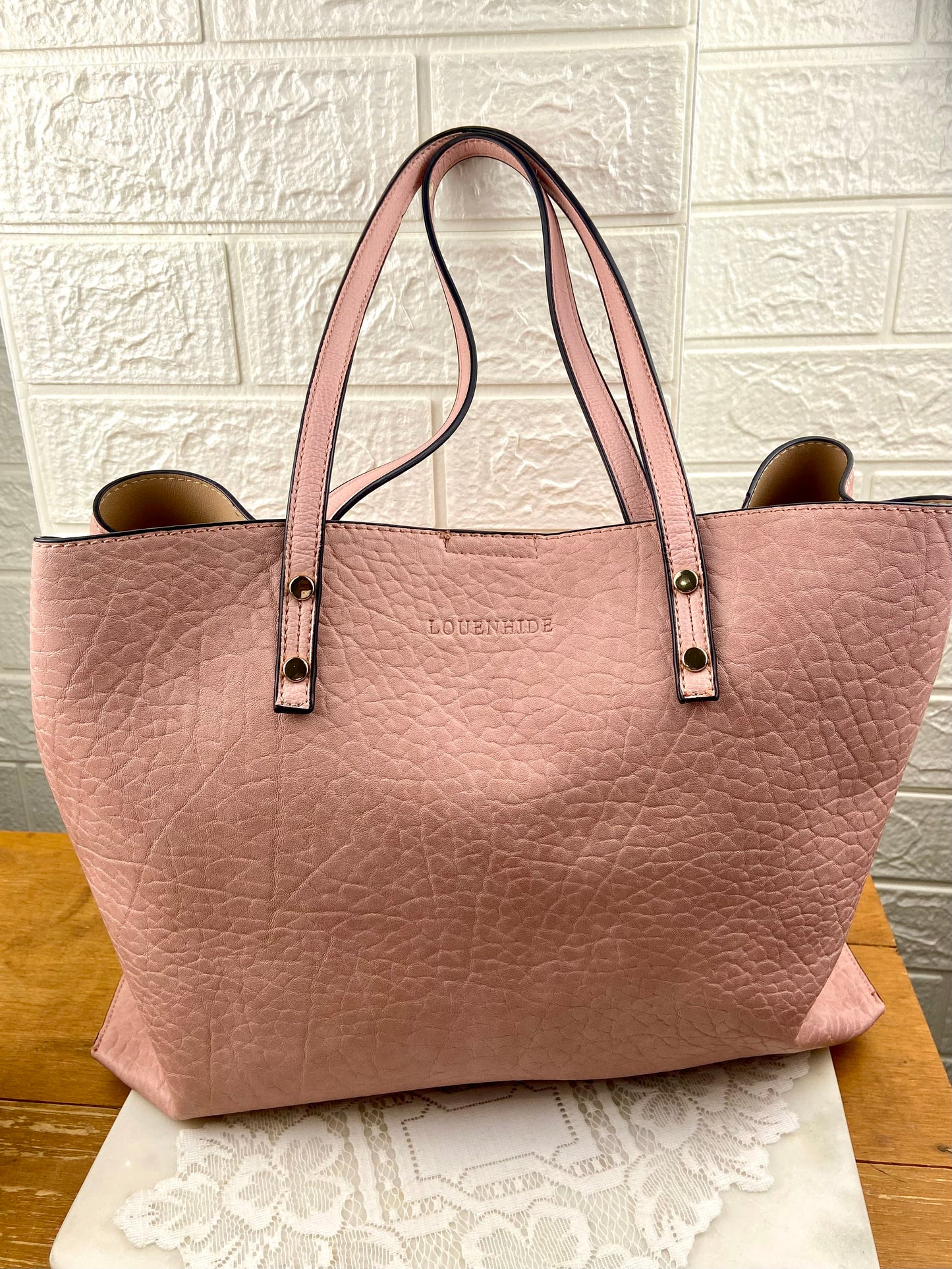 Pink Vegan Leather ‘Baby Riley’ Bag with Matching Travel Bag by Louenhide