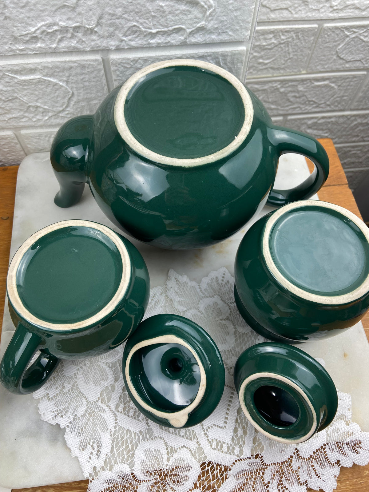 Glossy Ceramic Teapot, Creamer and Pitcher in Forest Green