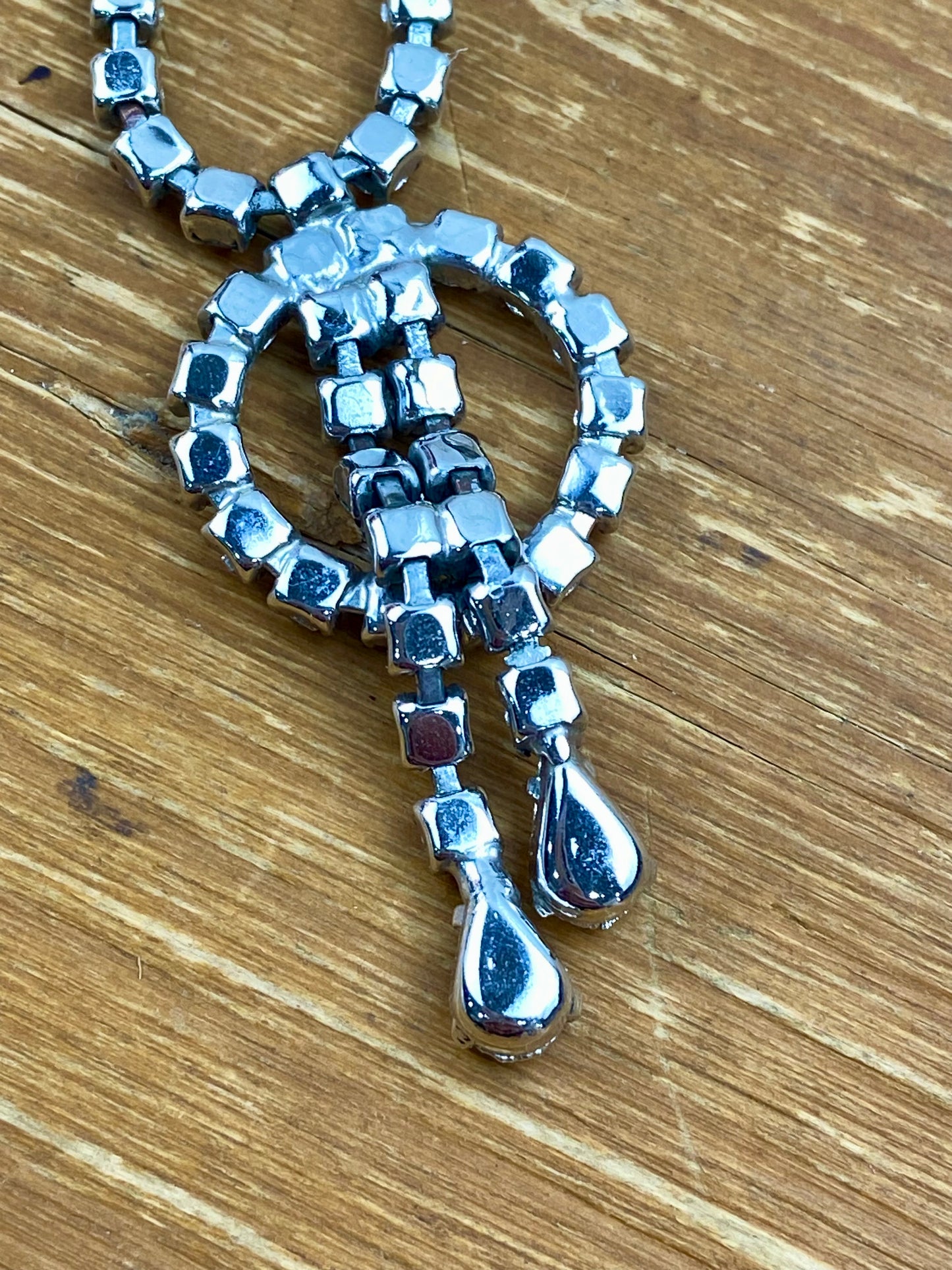 Vintage Rhinestone Necklace with Circular Pendant with Dangling Teardrop Rhinestones